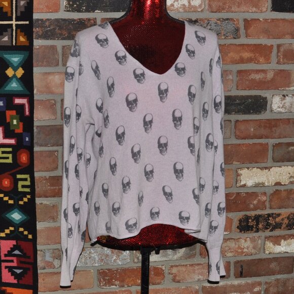 Skull Cashmere All Over Print 100% Cashmere Dusty Rose Pink V Neck Sweater M - Picture 1 of 8